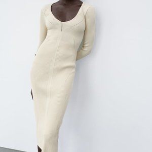 NWOT ECRU BEIGE RIB KNIT MIDI DRESS